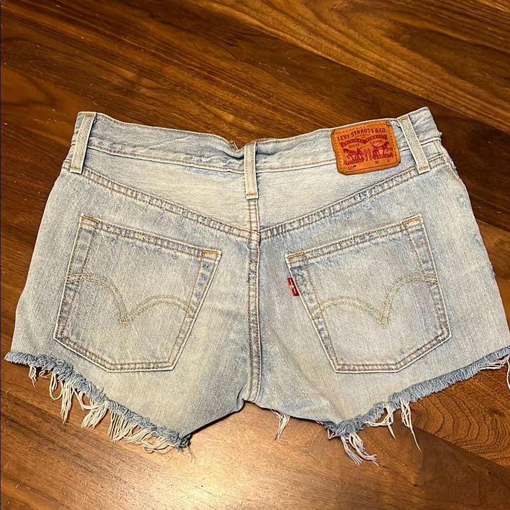 Levi's Blue Jean Shorts with Frayed Hem and Distressed Look
